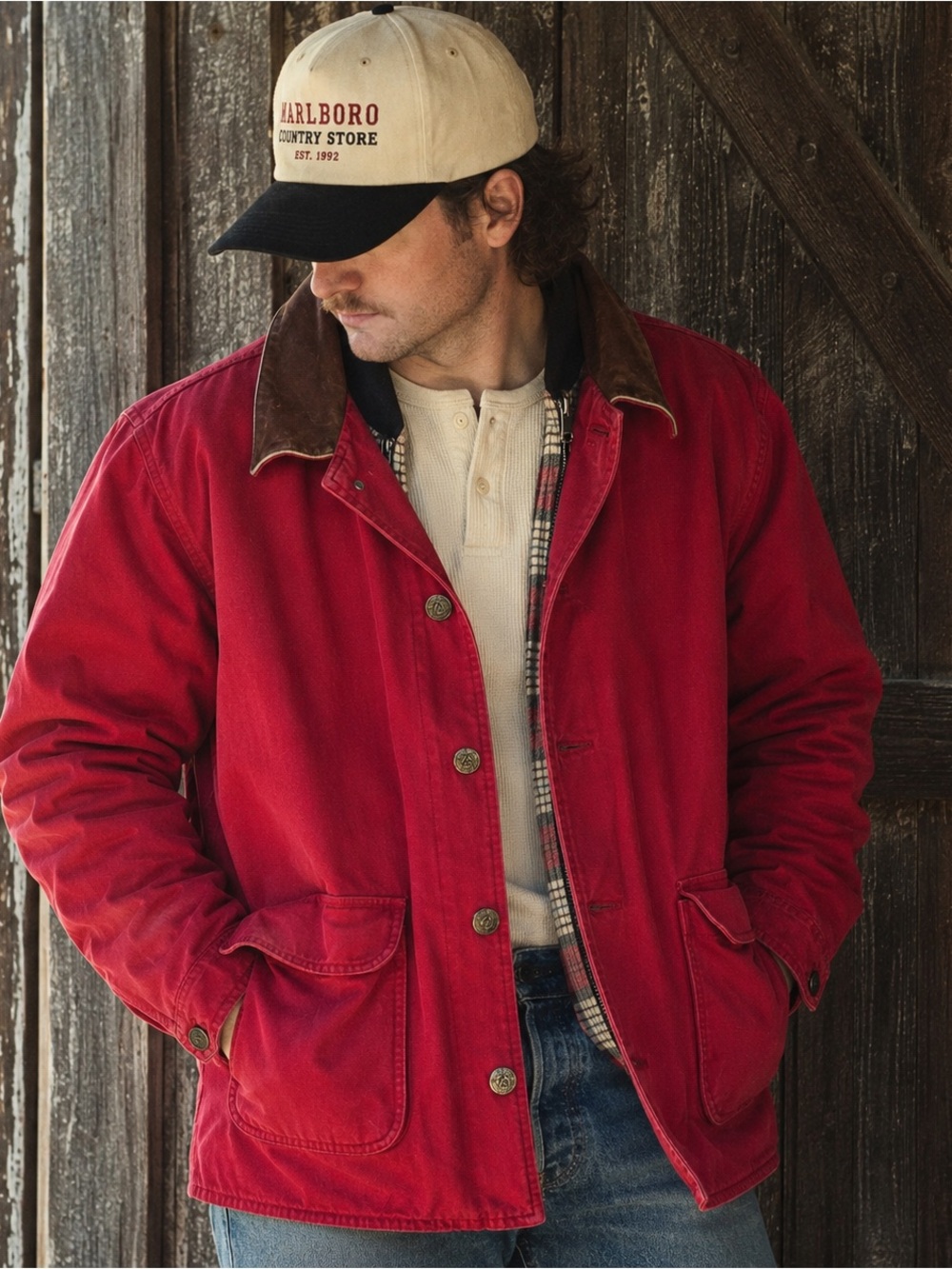 Vintage 1990s Marlboro Country Store Red Canvas Chore Coat Leather Collar